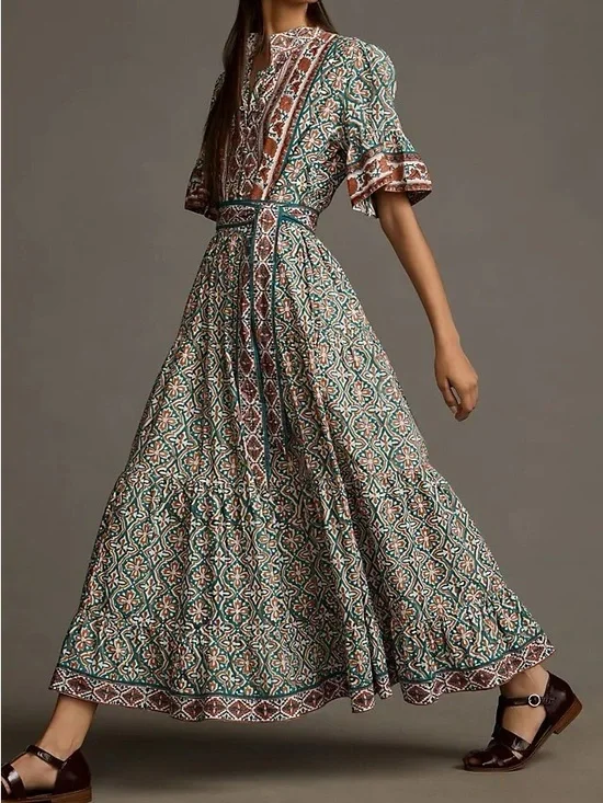 Anthropologie Sue Sartor Block Print Midi Dress 3X Teal Boho Ruffle Picnic 100% - Picture 2 of 5